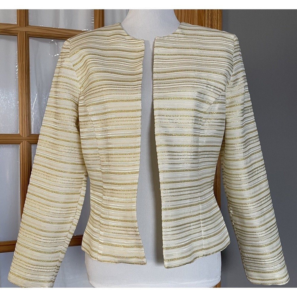 Vtg 80s Blazer Jacket Women's 12 Open Front Glittery Gold Stripes Holiday Formal
